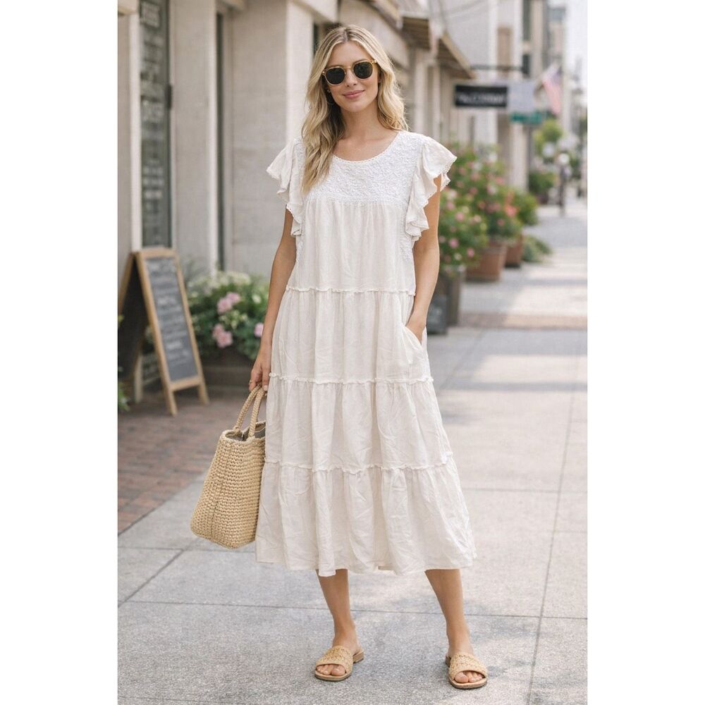 EUC J Marie white embroidered midi dress, $180 Large
